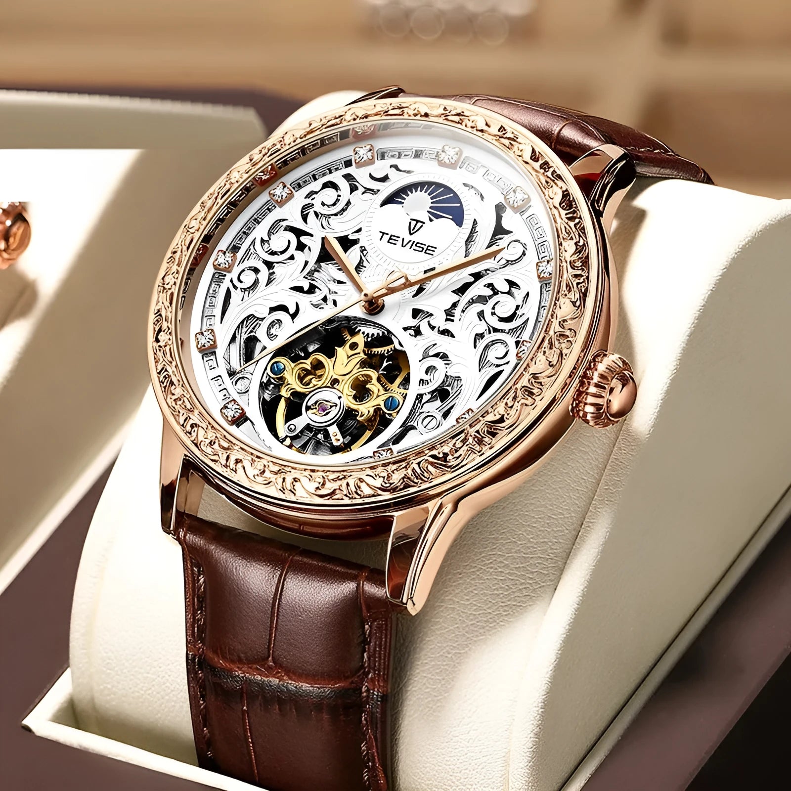 Business casual waterproof hollow out men's mechanical watch with rose black leather strap