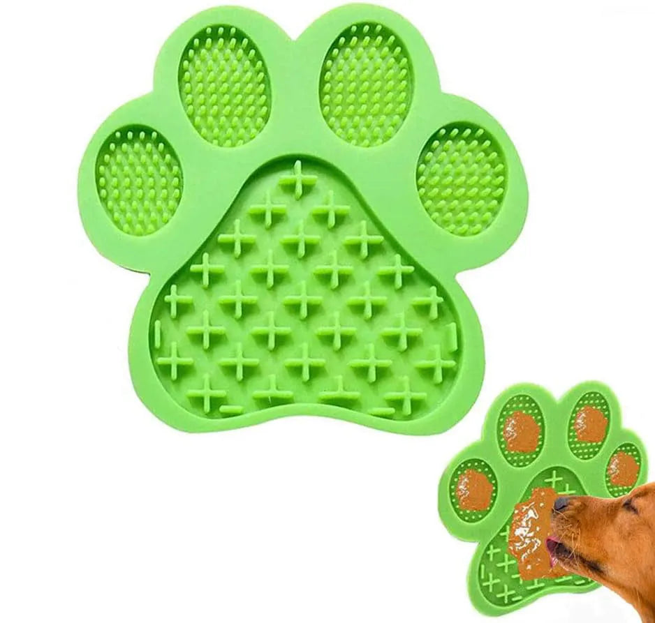 Blue silicone dog licking mat with bone texture and suction cups on a white background.