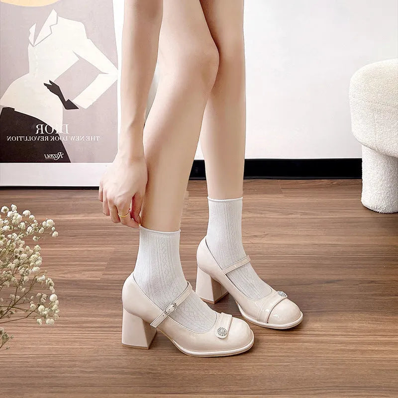 Women's patent leather chunky heel shoes with round toe and buckle strap in black or apricot, available in wide fit and sizes 30-45