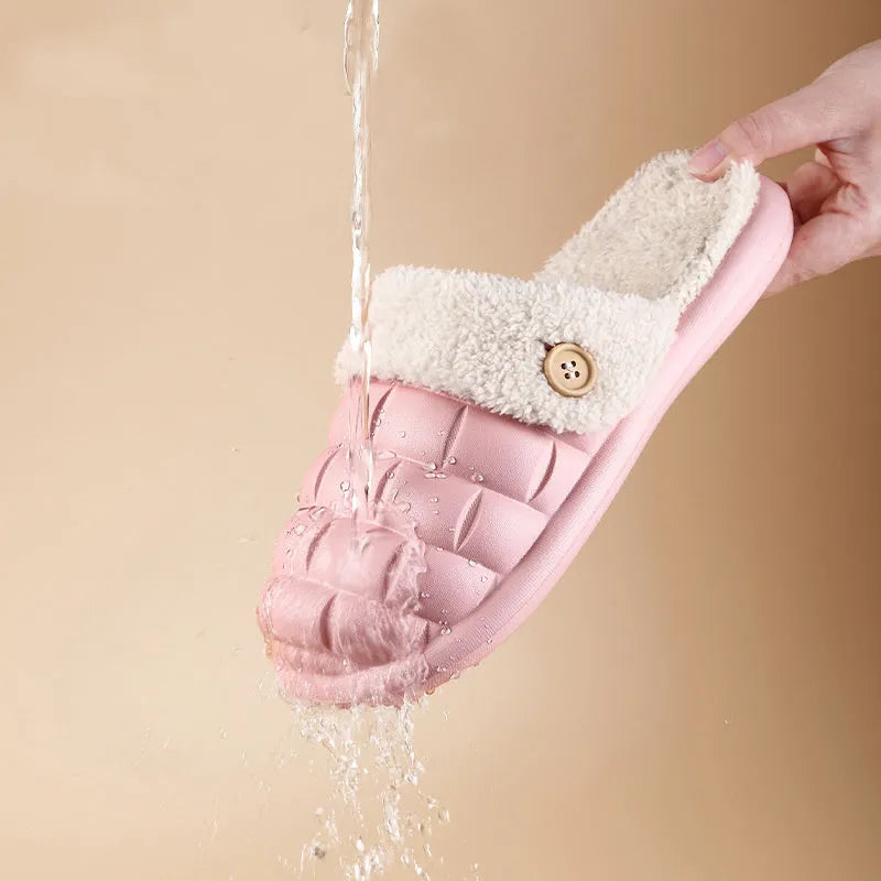 Plaid detachable slippers showing EVA construction and plush lining in pink, green, yellow, white, grey, or black.