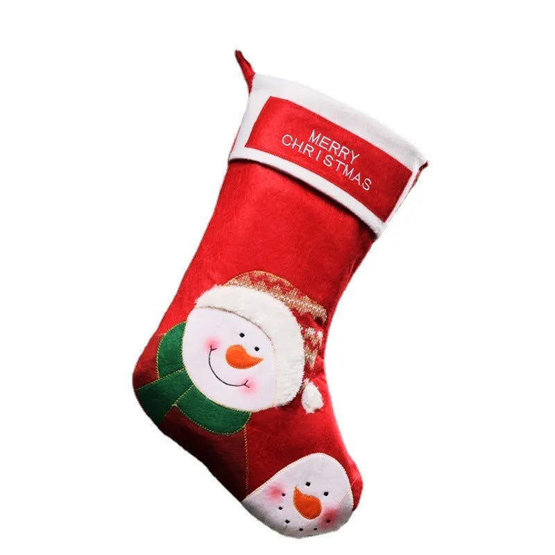 Non-woven fabric Christmas stocking ornament with elk, elderly man, and snowman folk art designs.