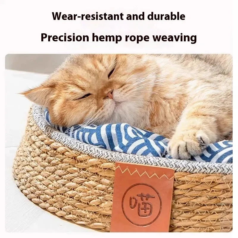 Natural rattan woven cat bed in nest design available in four different sizes