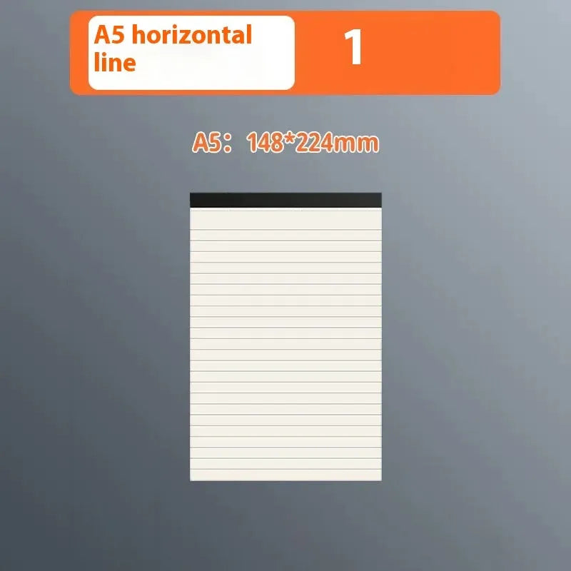 A5, B5, and A4 writing pads with tearable pages in blank, grid, and lined rulings