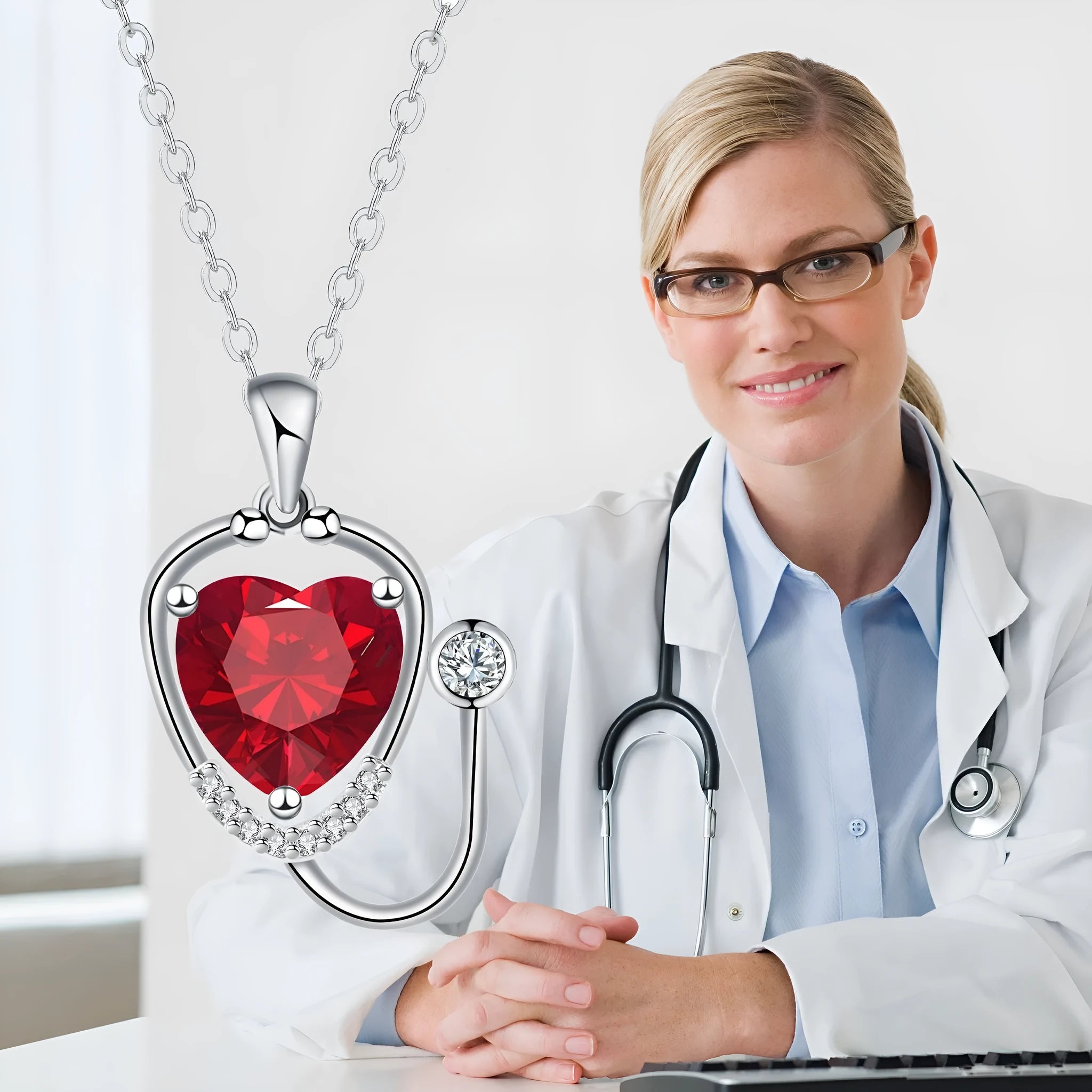 Women's copper necklace with cross, wings, and stethoscope charm in red diamond colour.