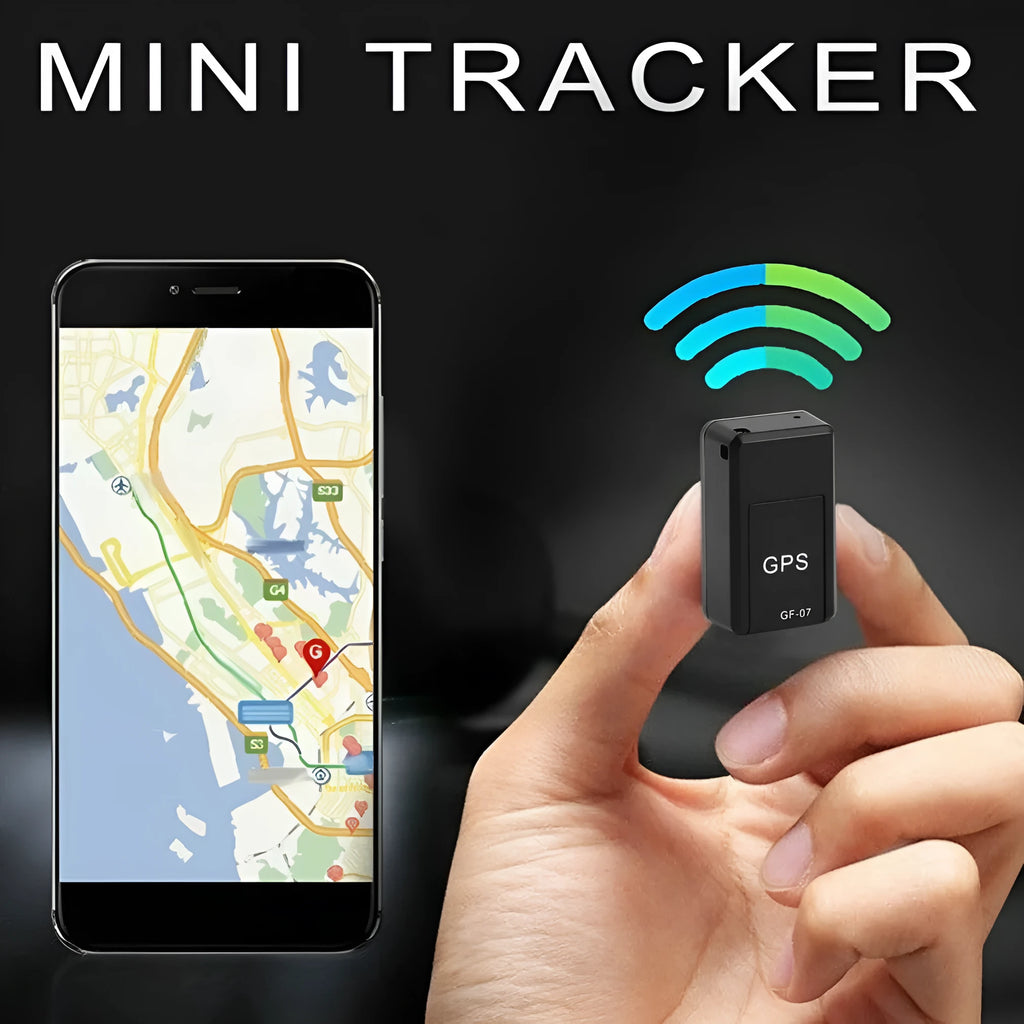 Black plastic magnetic GPS car tracker device measuring 35x20x14mm with USB charging cable