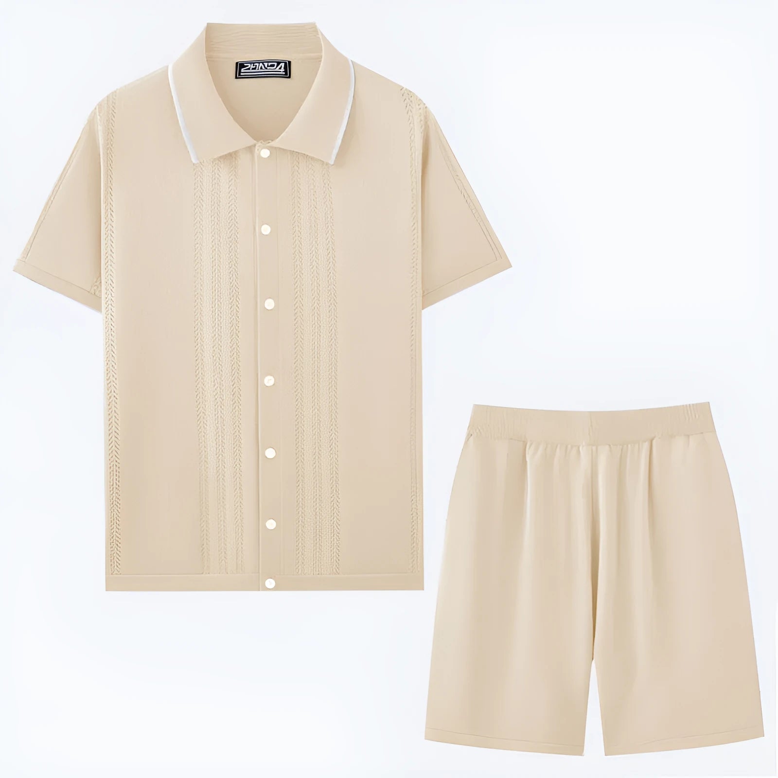 Business casual short sleeve sweater and shorts two-piece set in Tencel fabric, shown in multiple colour options.