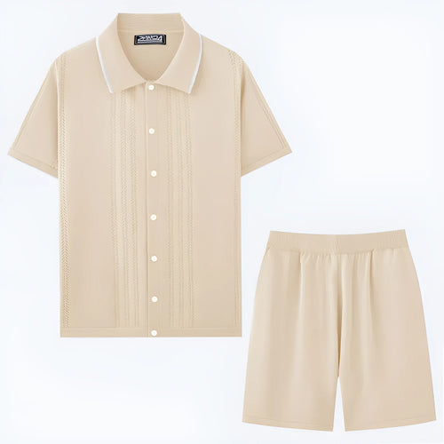 Business casual short sleeve sweater and shorts two-piece set in Tencel fabric, shown in multiple colour options.