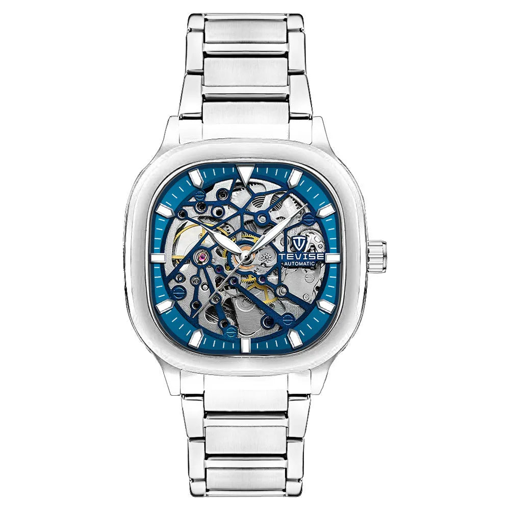 Men's square automatic watch with luminous hollow dial on a stainless steel strap, shown in blue colour.
