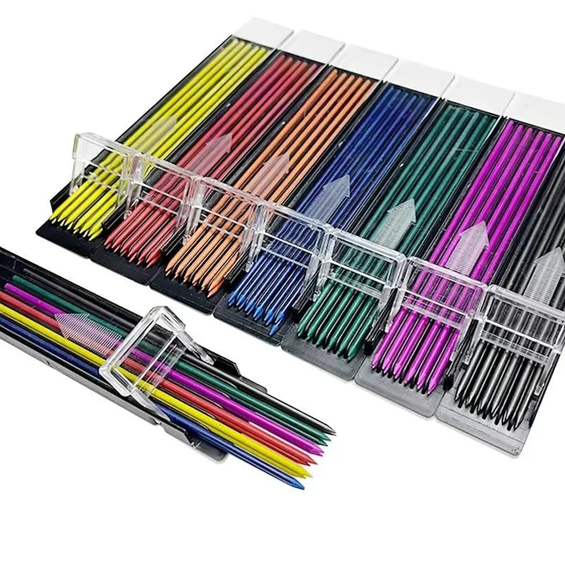 Boxed set of twelve coloured 0.7mm mechanical pencil refill leads in plastic tubes