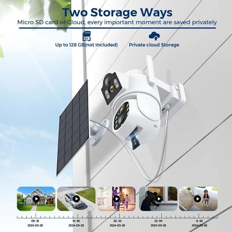 Outdoor solar-powered wireless Wi-Fi security camera with solar panel in black and white or all-white finish