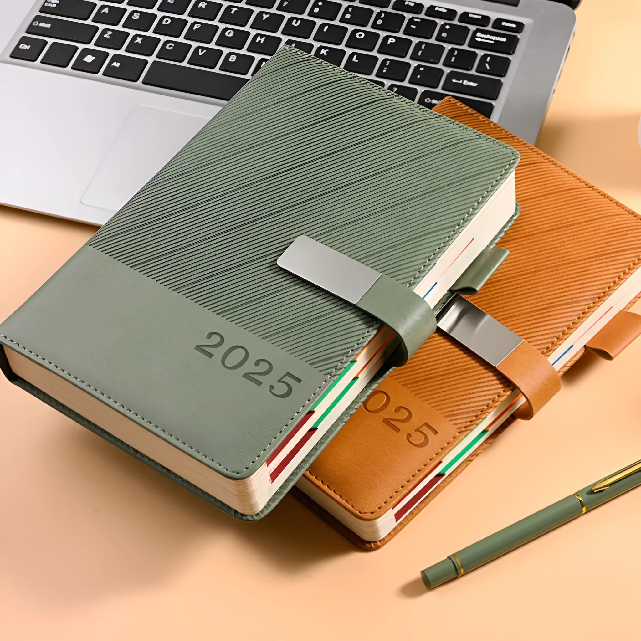A4 thick notepad with striped PU leather cover in one of eight available colours, showing 204 sheets of paper