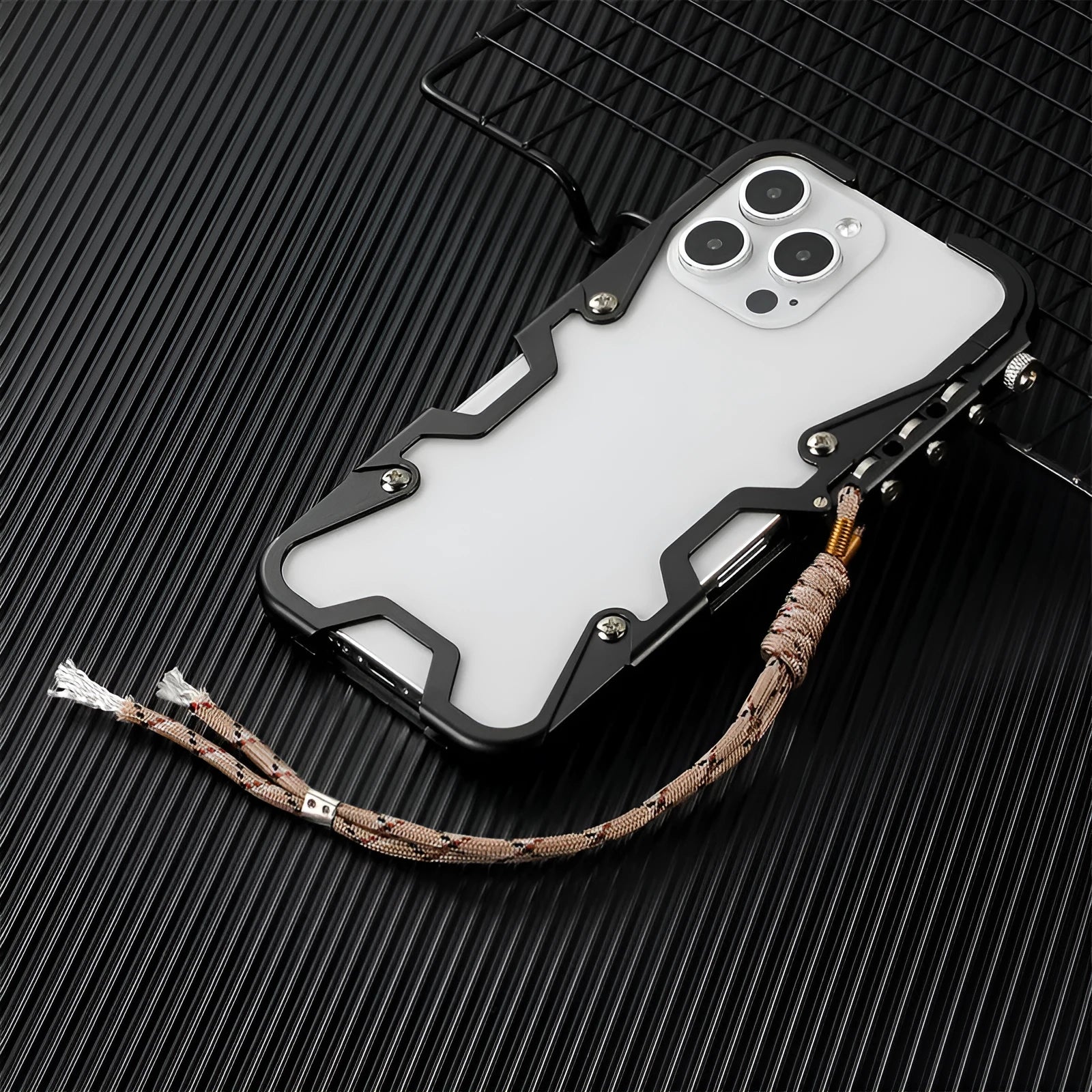 Metal frame robot arm phone case for iPhone in silver with anti-fall protection and heat dissipation