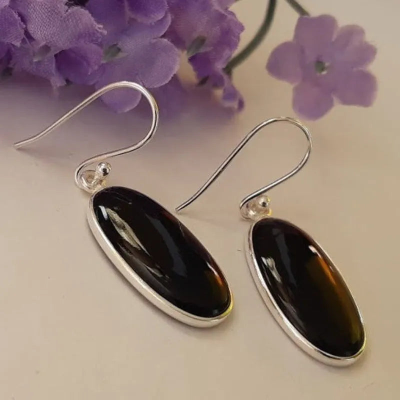 Pair of black geometric women's earrings with oval agate pendants and 925 silver ear wires.