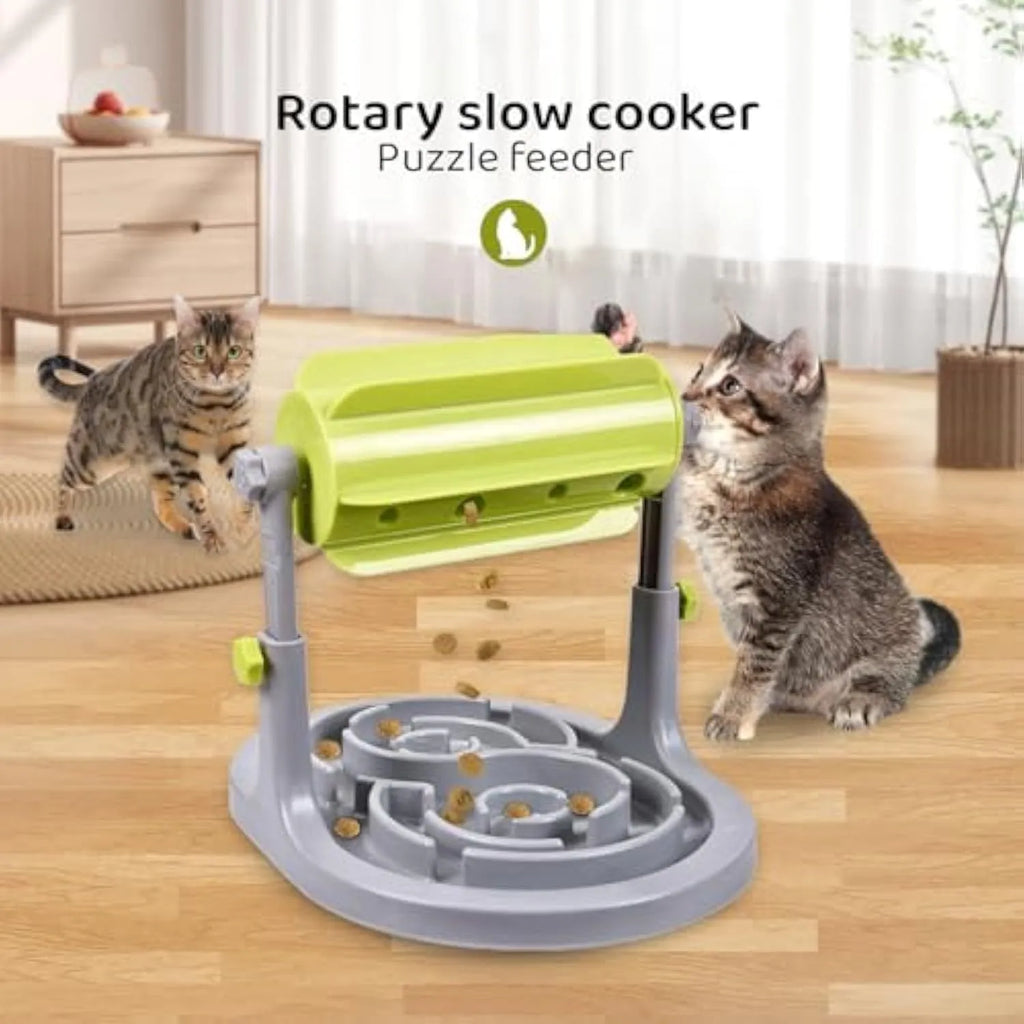 Adjustable height interactive pet food puzzle feeder for dogs and cats