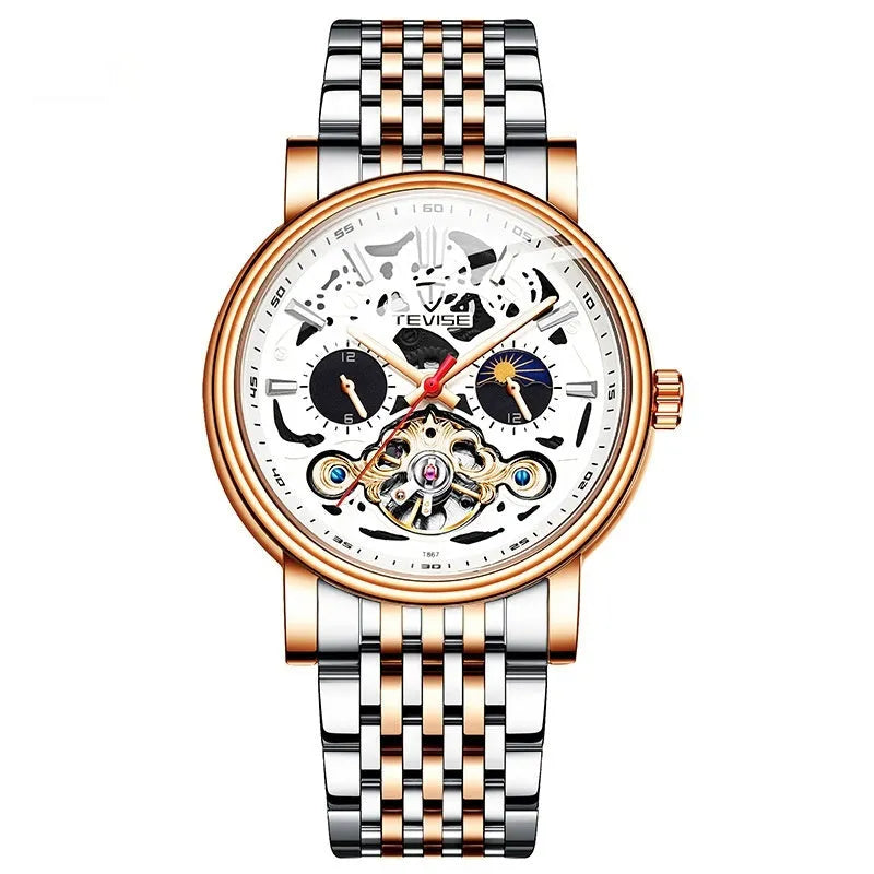 Men's black mechanical wristwatch with tourbillon detail and luminous hands on a leather strap.