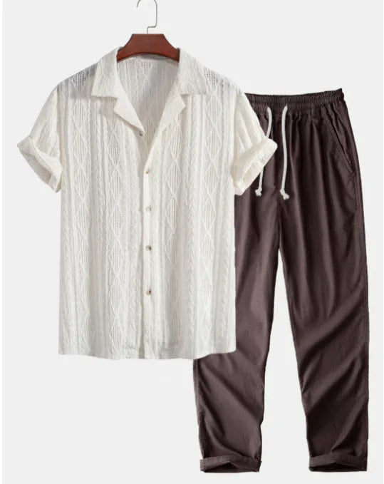 Camouflage print casual suit with short sleeve shirt and trousers in slim fit
