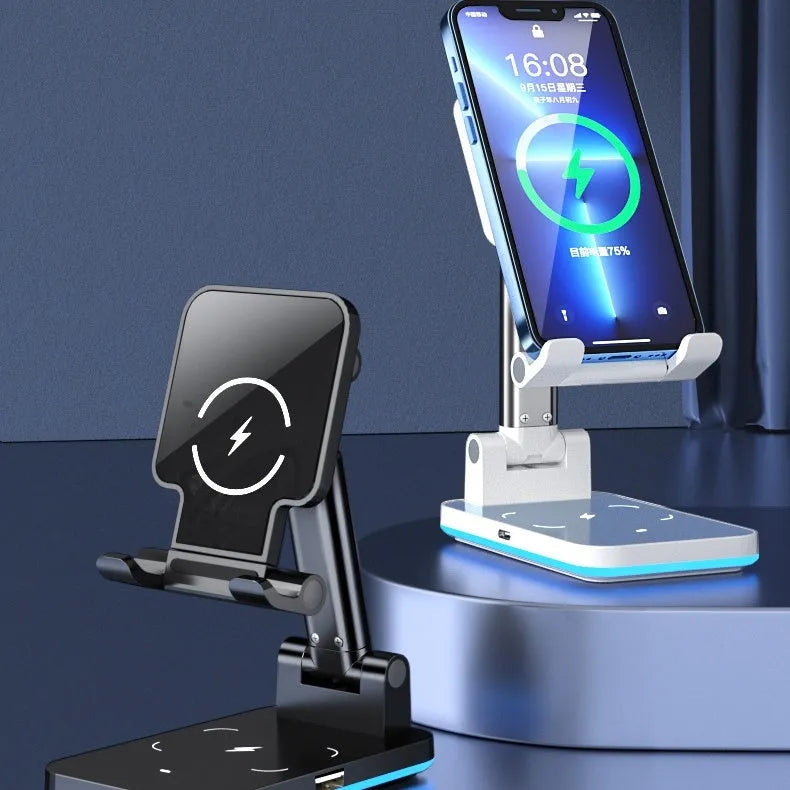 Cool Black desktop mobile phone stand and wireless charger on a wooden desk