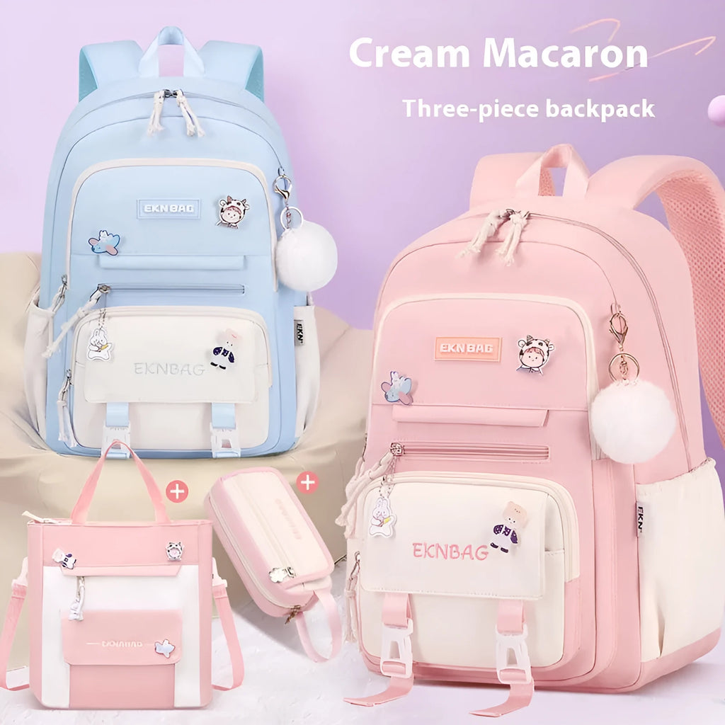 Girls waterproof Oxford cloth school backpack with curved straps and spine protection in solid colours for grade 5-6 students