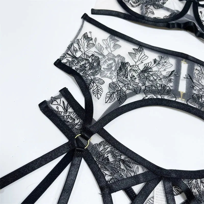 Black lace three-piece set for women including top, pants, and waist ring