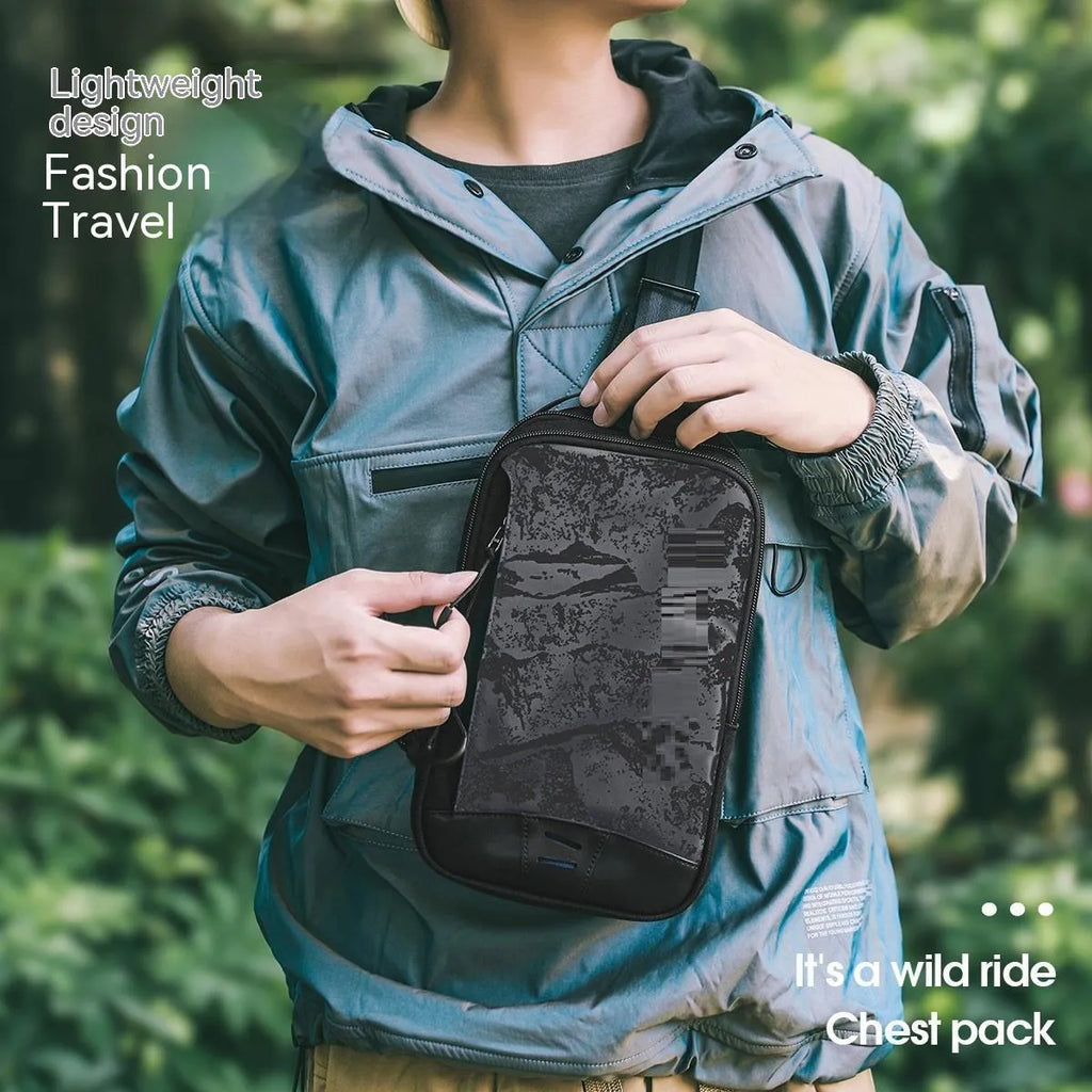 Casual black TPU chest bag with camouflage pattern, single shoulder strap and soft handle