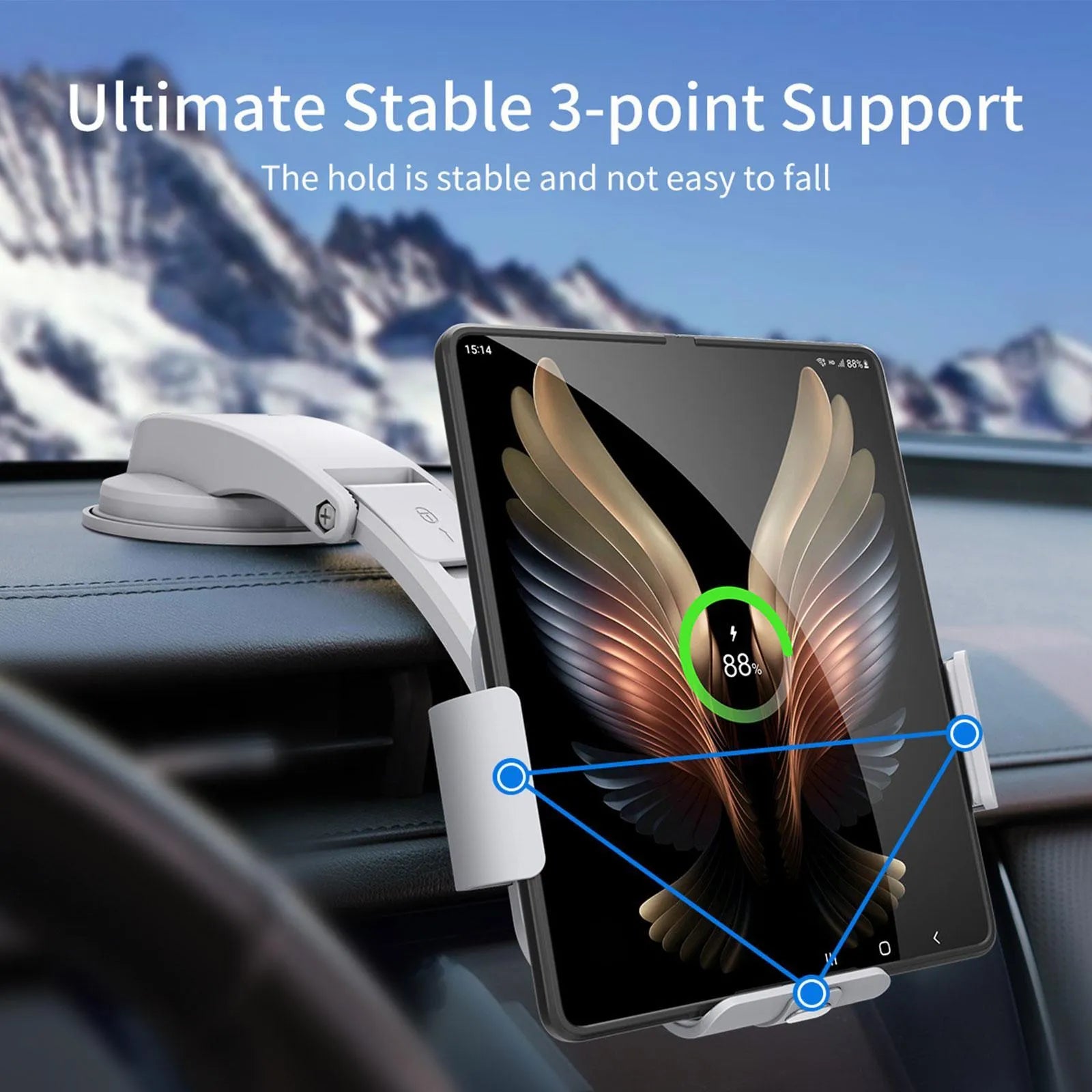 Wireless charging car phone holder with folding screen and multiple mounting accessories including air vent clip and suction cup bracket
