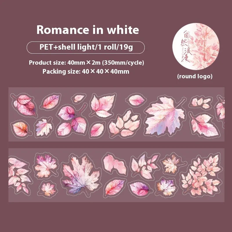 Roll of Deciduous Poetry Series decorative stickers showing autumn leaf patterns, 40mm wide.