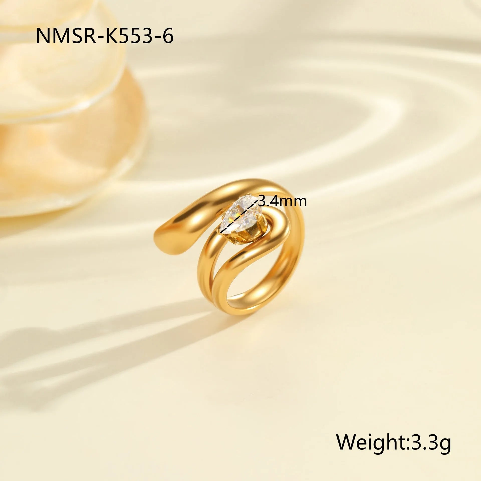 Geometric stainless steel zircon ring with open mouth design showing round, oval and quadrangle elements