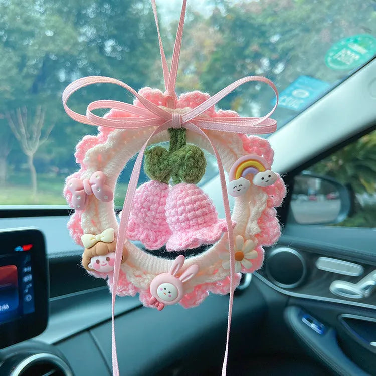 Handmade woven wool bell orchid car pendant in multiple colour options
