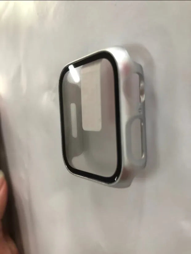 PC tempered film replacement case for Apple Watch in various colours and sizes on display.