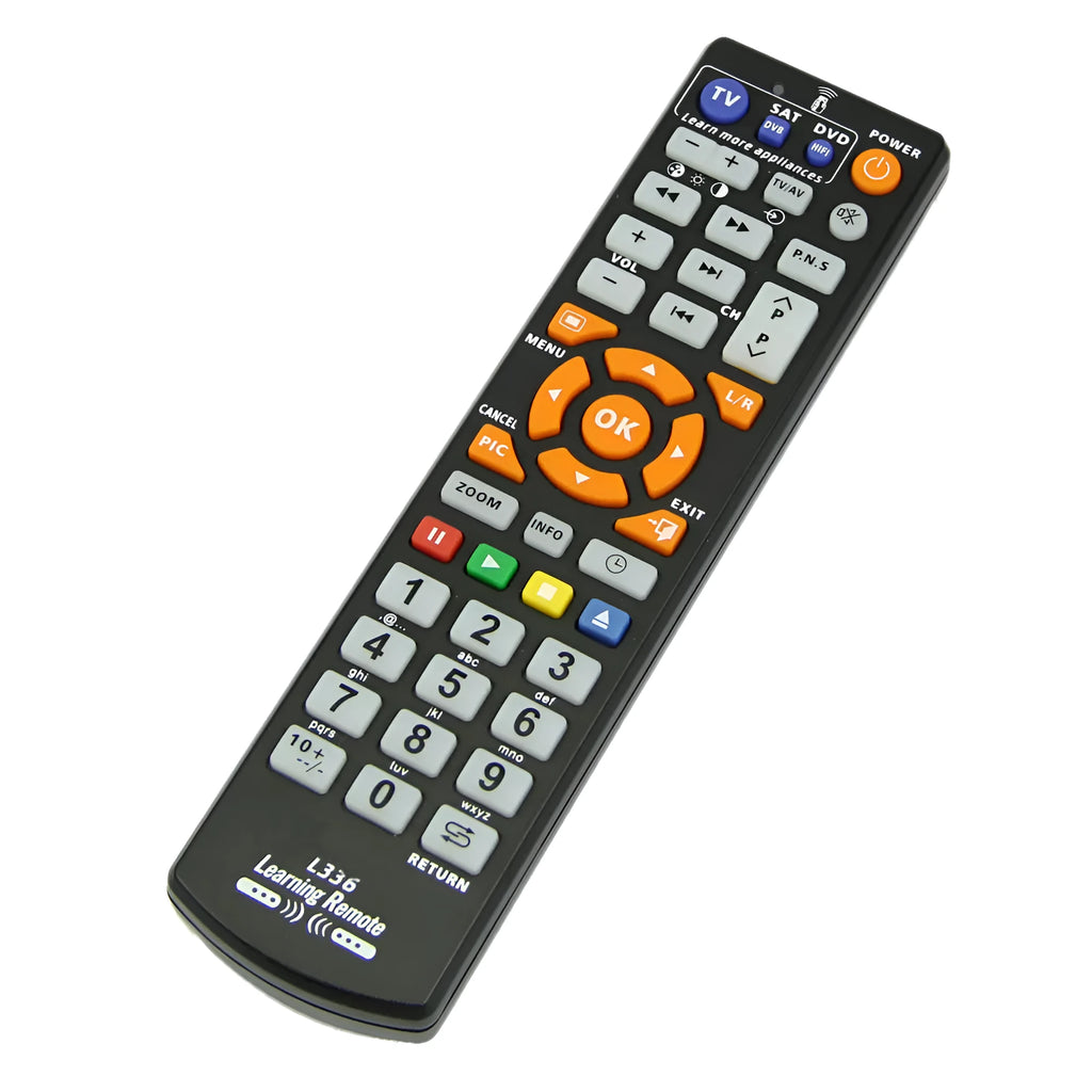 Black L336 learning remote control with standard button layout for audio equipment