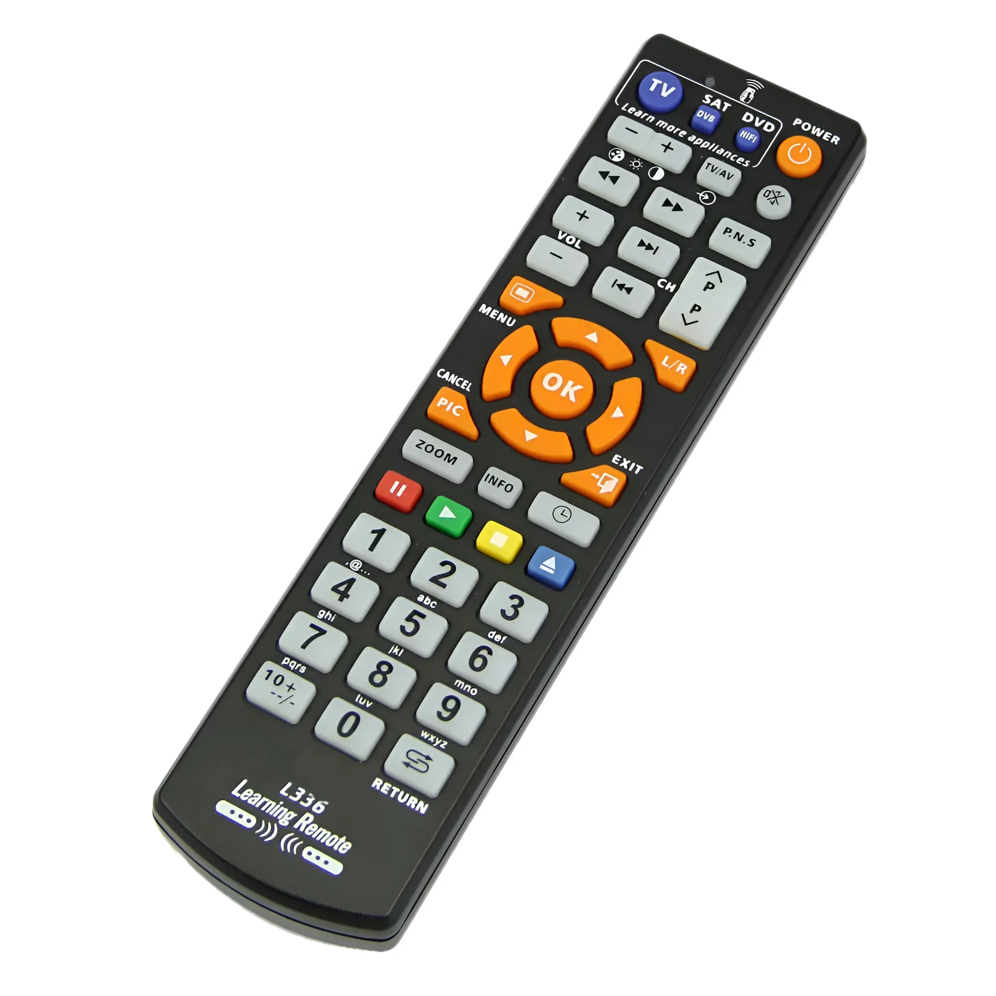 Black L336 learning remote control with standard button layout for audio equipment