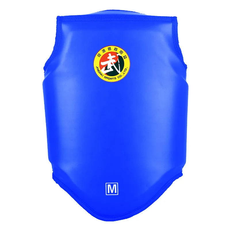 Red boxing helmet and chest protector set with one-piece design for training