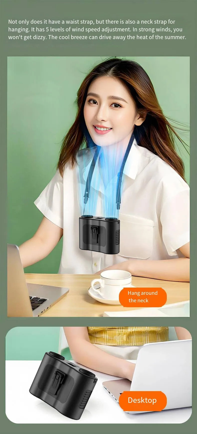 Black portable waist-hung fan with neck lanyard and waist buckle, shown for hands-free outdoor use.