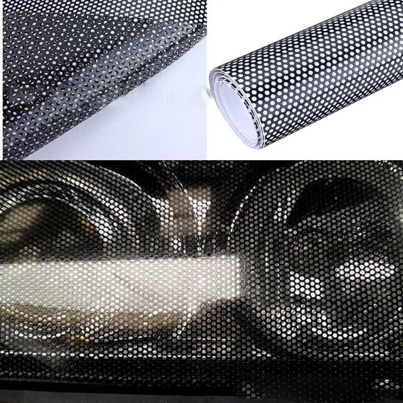 Perforated black automotive window film measuring 30cm by 106cm with mesh pattern