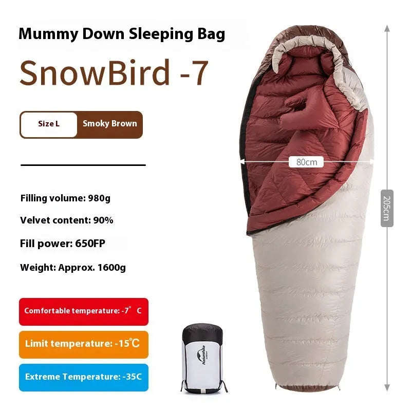 Goose down mummy sleeping bag for adult camping in a stuff sack