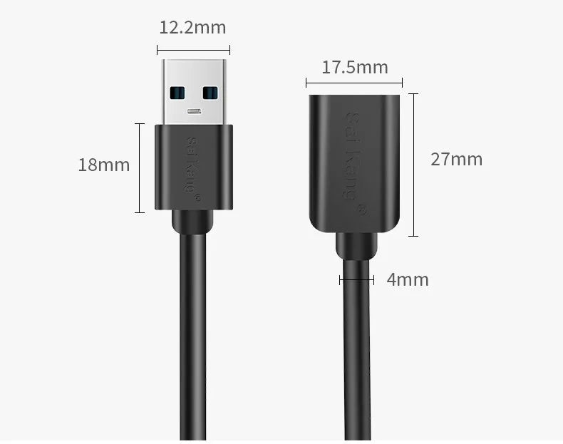 Black USB male to female extension cable showing connectors, available in multiple lengths