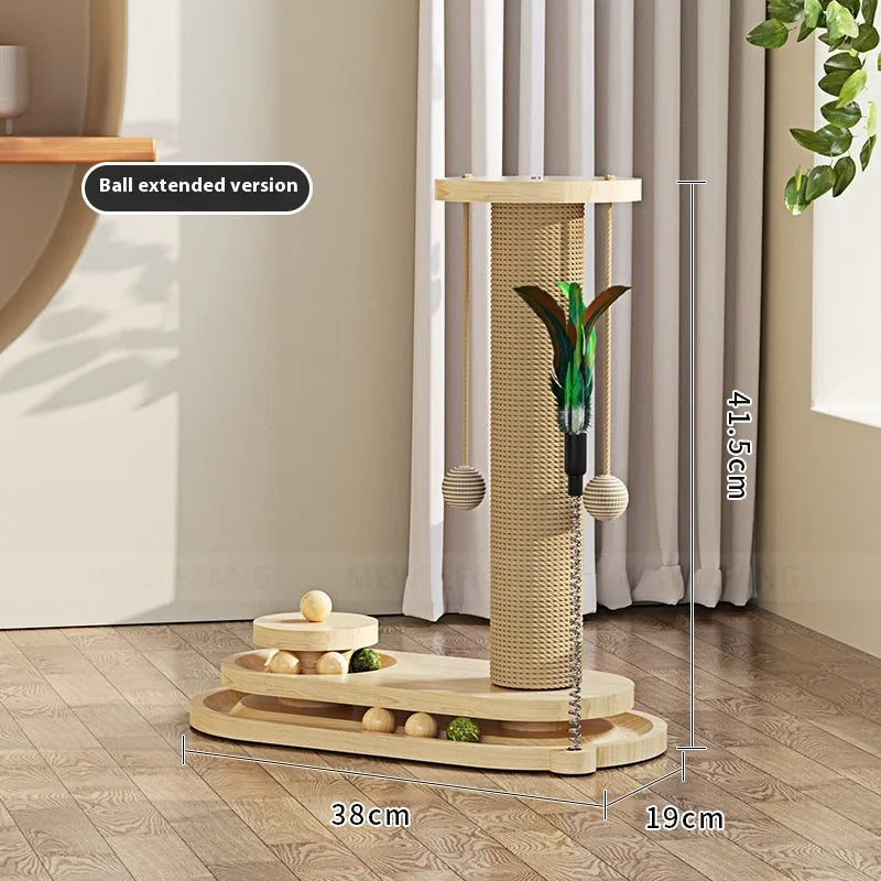 Solid wood cat turntable scratching post with climbing frame in natural timber construction