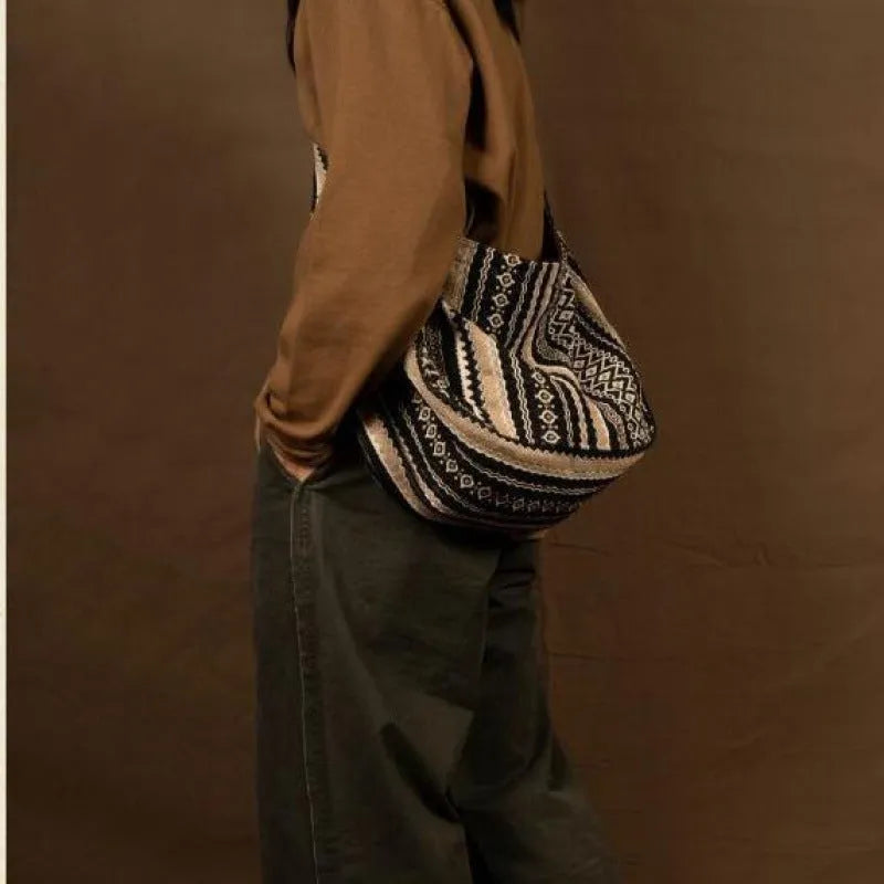 Vintage jacquard striped corduroy messenger bag with adjustable plaid strap and zippered closure