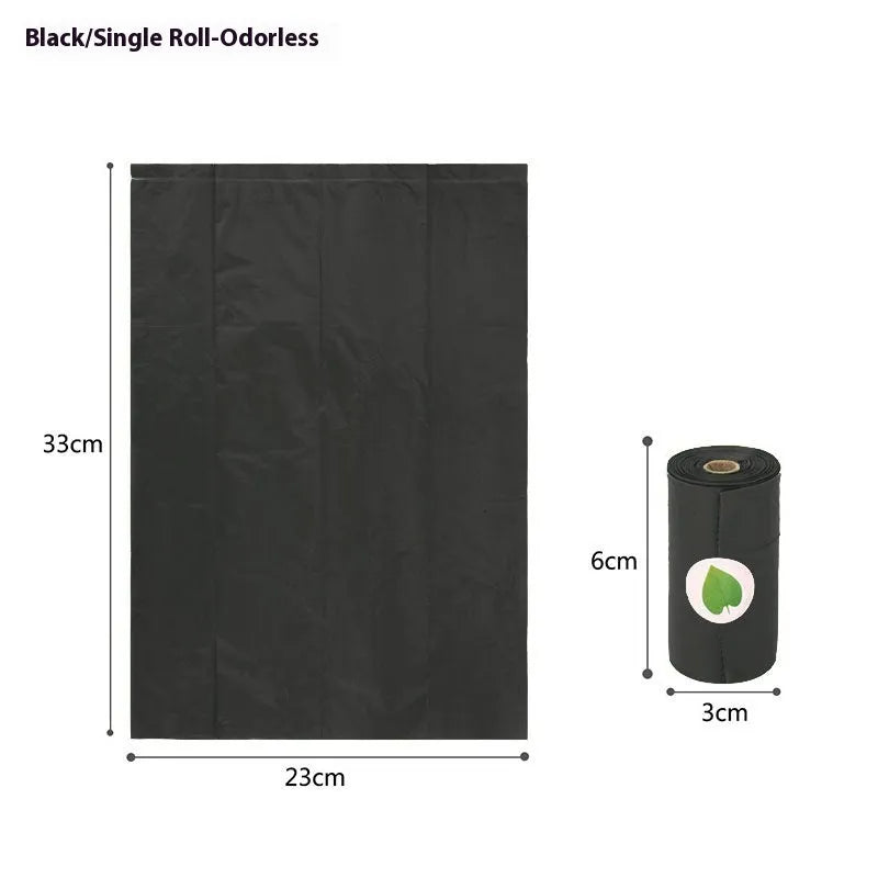 Degradable pet waste bags in green, black, blue, purple and orange colours with dispenser