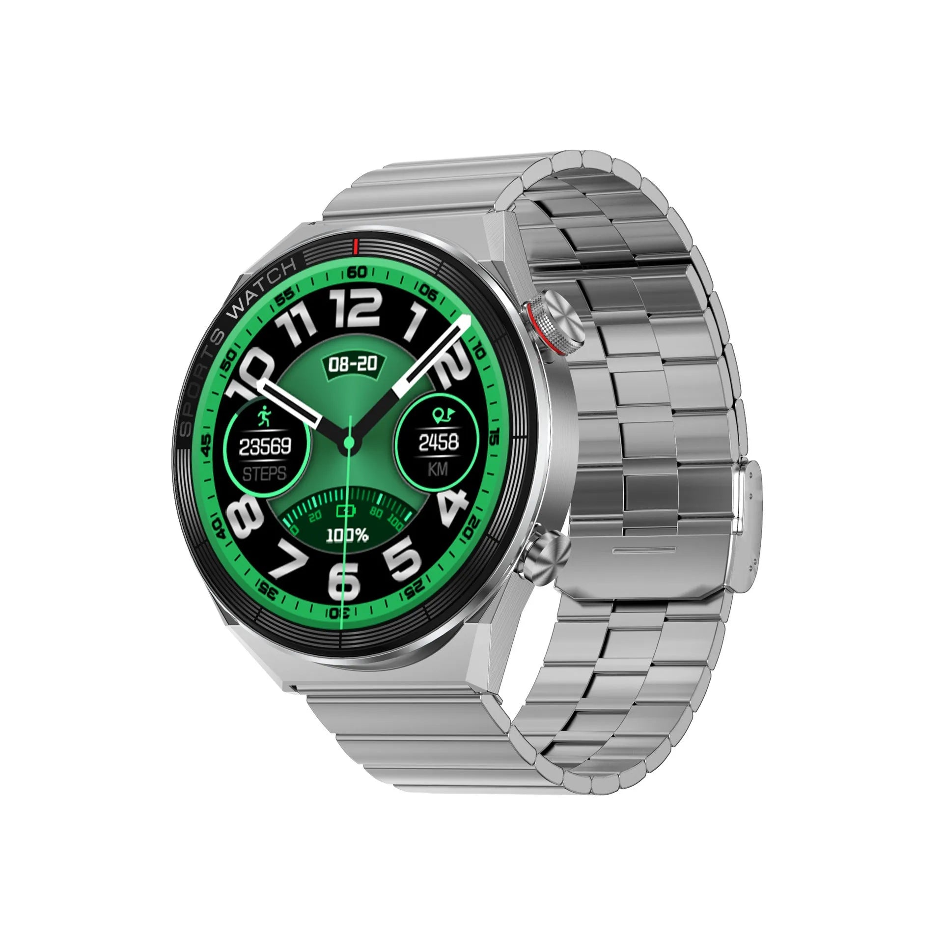 Large screen Bluetooth smart watch with calling function shown in black or silver with multiple strap options