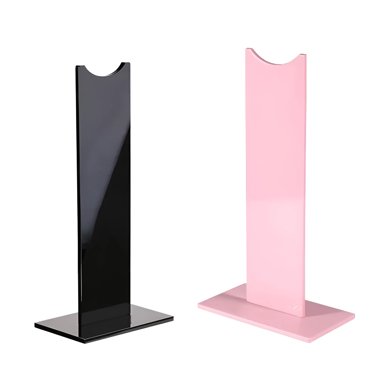 Pink and black detachable plastic headset bracket with silicone base, dimensions 14x7.5x25.5cm.
