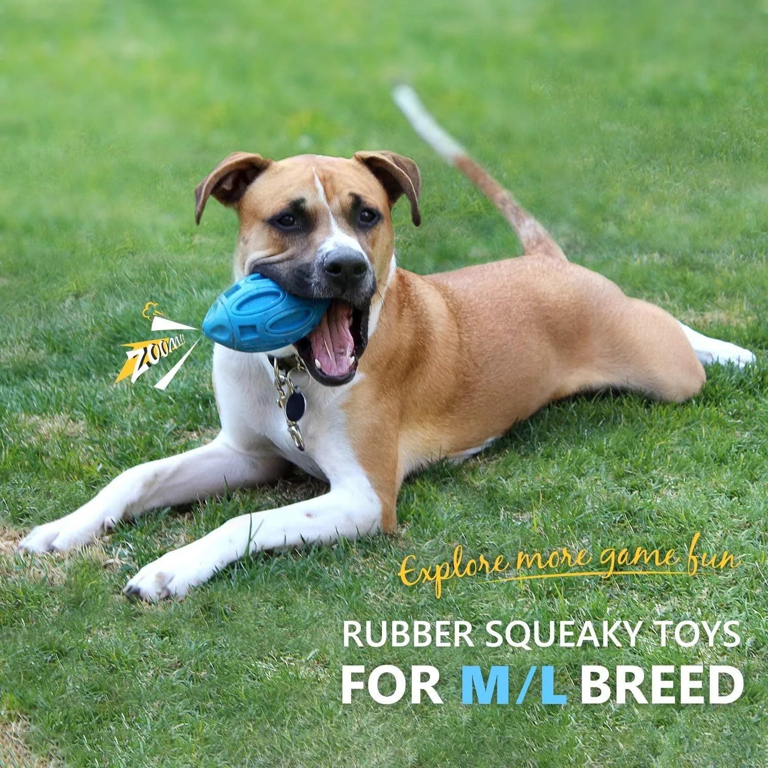 Blue, green, and orange rubber squeaky dog chew ball with grooved surface for medium and large breeds.