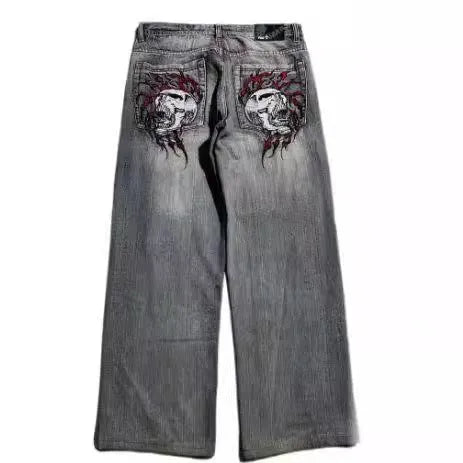 Men's grey wide-leg jeans with retro washed look and straight-leg design