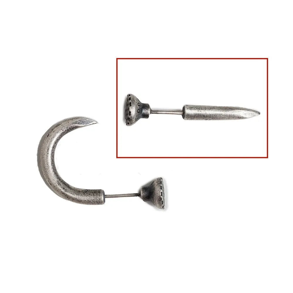 S925 sterling silver nail-shaped stud earrings on a plain background, showing straight and curved style options.