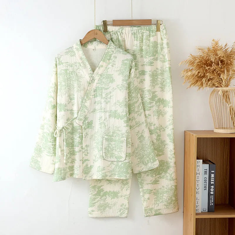 Women's pure cotton gauze lounge suit with long sleeve top and lace-up trousers in pink, blue or green