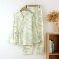 Women's pure cotton gauze lounge suit with long sleeve top and lace-up trousers in pink, blue or green