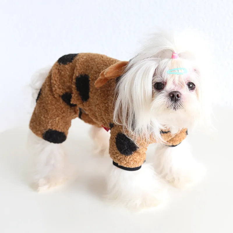 Polka dot elk couple pattern pet costume shown in skirt and four-leg styles for cats and dogs