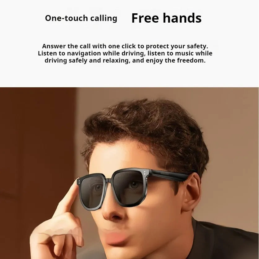 Black AI smart glasses with Bluetooth audio functionality and touch controls
