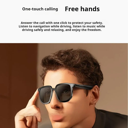 Black AI smart glasses with Bluetooth audio functionality and touch controls