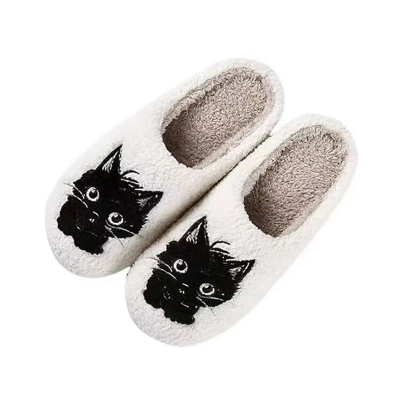White plush cotton slippers with black beard cartoon cat couple design and non-slip TPR soles